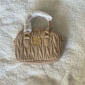 Tan Mini Quilted Bag with Gold Hardware